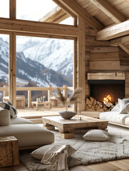 Modern charlet in the mountains with panoramic views and snow in the background