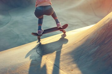 Urban girl having fun riding skateboard at skate park. Freedom and youthfulness mood. Children and youth sport. - obrazy, fototapety, plakaty