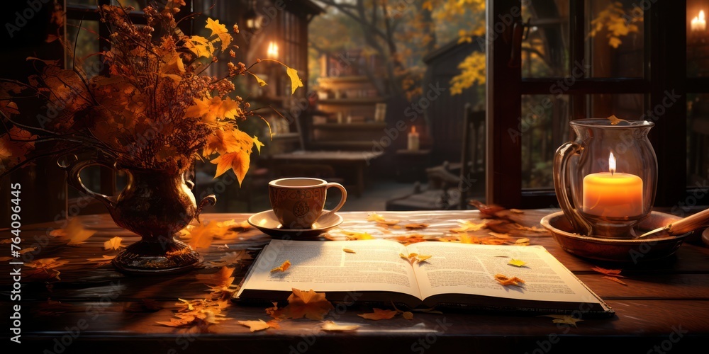 Poster table setting with book and coffee in autumn generative ai