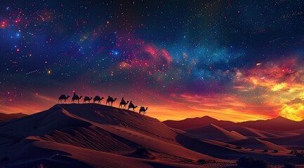 A desert landscape at sunset with camels silhouetted against the sky generative ai