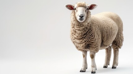 white sheep standing against a light grey background, showcasing its fluffy wool and gentle expression
