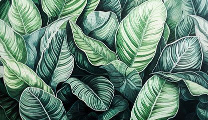 Abstract pencil color drawing art of botany plant leaves pattern.tropical nature background design.wavy swirl of foliage line.organic green elements. - obrazy, fototapety, plakaty
