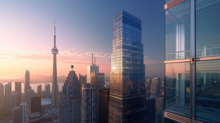 A breathtaking cityscape of Toronto during sunrise, featuring the iconic CN Tower amidst the gleaming skyscrapers under the hues of the golden hour