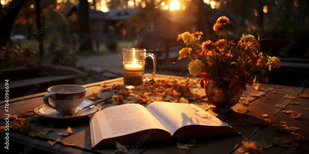 Poster coffee cup and open book on autumn table generative ai