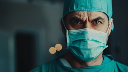 Fototapeta na wymiar Surgeon Preparing for an Operation: A focused male surgeon in scrubs and a mask, ready to operate