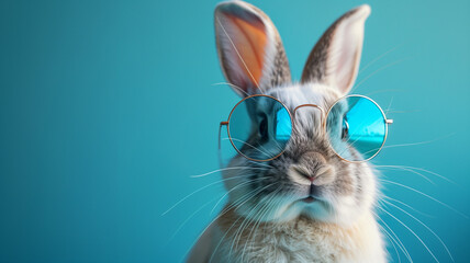 A rabbit wearing glasses and looking at the camera