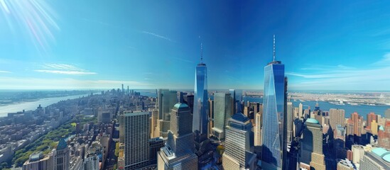 a stunning, wide-angle panoramic view of the City skyline with prominent buildings and clear blue skies