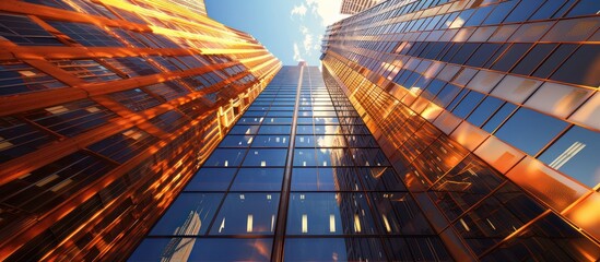 ground looking skyward at towering modern skyscrapers bathed in golden sunlight reflecting off the glass windows - obrazy, fototapety, plakaty