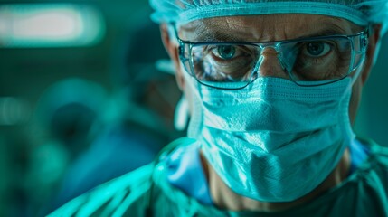 Surgeon Preparing for an Operation: A focused male surgeon in scrubs and a mask, ready to operate