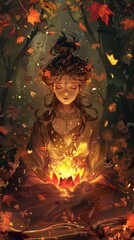Illustration of a Sacred and Divine Meditation in the Earth Maiden Autumn Style created with Generative AI Technology