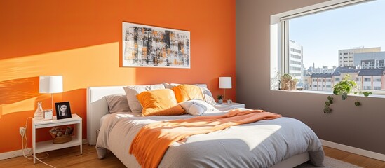 A bedroom is shown with vibrant orange walls and a pristine white bed as the focal point of the room