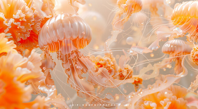 Enchanting Surrealism: Jellyfish and Flowers in Cinema4D Style. Peach fuzz and pastel colors