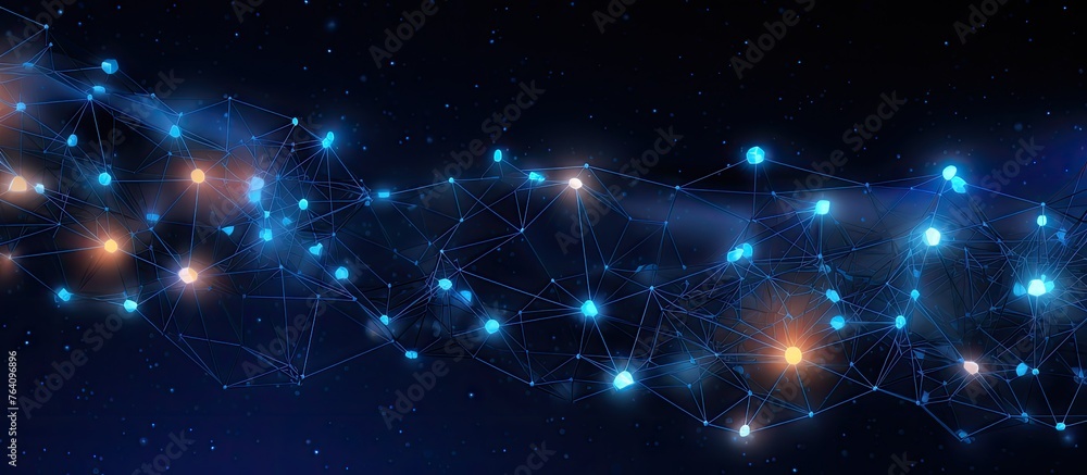 Poster an artistic backdrop featuring a blend of blue and orange hues with a network of connected lines and