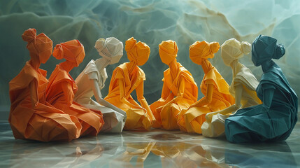 Half of a circle of origami colorful women kneeling on a abstract grey background - obrazy, fototapety, plakaty