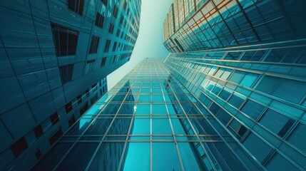 Looking up at towering skyscrapers, the image captures the imposing nature of modern architecture against a clear blue sky