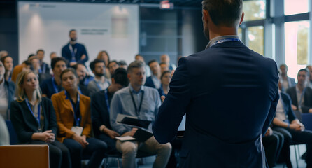 A man speaking in front of a large group of people during a business event. - obrazy, fototapety, plakaty