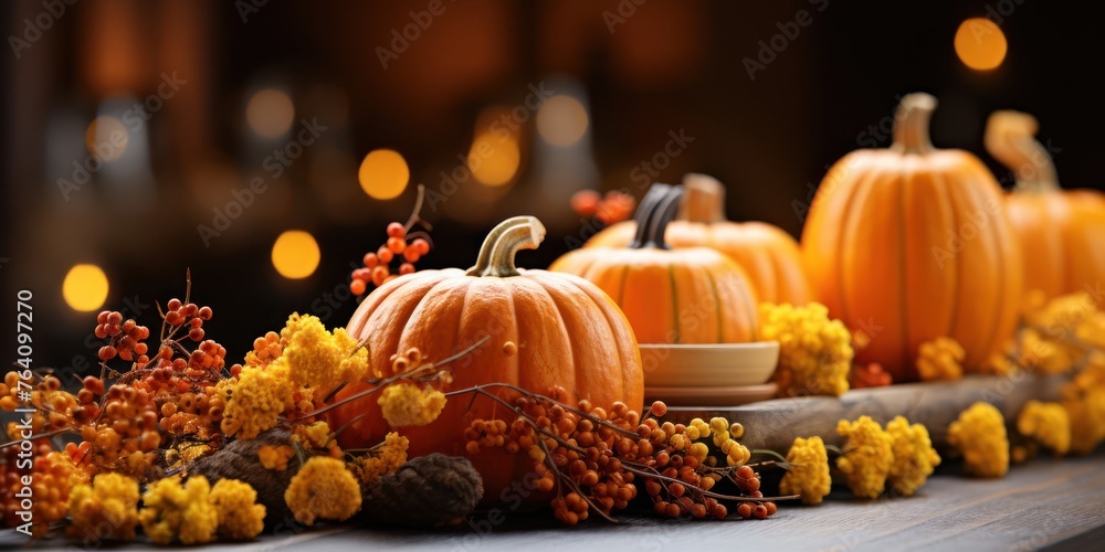 Poster row of pumpkins on table generative ai