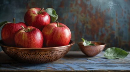 Apples on a Natural Wooden Table with a Copper Bowl
