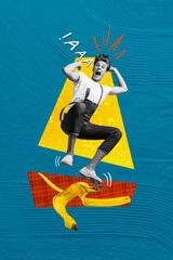 Composite trend artwork sketch image collage of black white silhouette young guy slipped on huge...