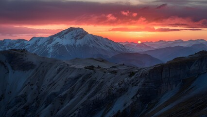 Majestic sunset casts a warm glow over rugged mountain terrain