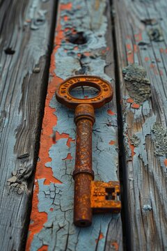 Rusty old key on wooden background
