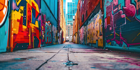 Vibrant Street Art Alleyway with Tall Building in the Background A Colorful Urban Landscape