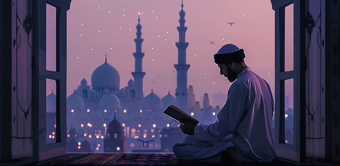 A man reading the Quran with a mosque in the background generative ai - obrazy, fototapety, plakaty