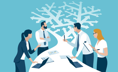 Decision. Too many options. Logic tree. A business team looks at arrows pointing to many directions. Concept business vector illustration
