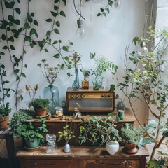 Fototapeta premium an old retro radio on a vintage table with potted plants in a urban loft style apartment interior decorate with greenery home decor 