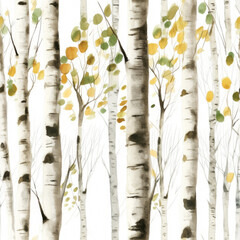 Watercolor birch trees with green and yellow leaves. Seamless file.