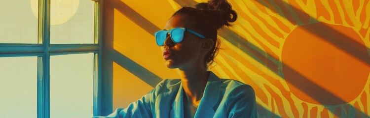 portrait of a young girl with blue sunglasses, near a window in a sunny day, posing on camera
