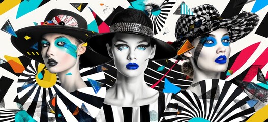 pop art style portrait of three  caucasian models with a large hat  posing on camera, black and...