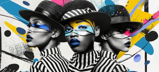 pop art style portrait collage of black three models with a large hat  posing on camera, black and...