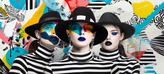 pop art style portrait of three  caucasian models with a large hat  posing on camera, black and white stripes mood, colorful touch, wallpaper pattern graphics