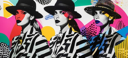 pop art style portrait of three models with a large hat  posing on camera, black and white stripes...