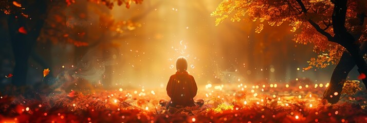 Illustration of a Sacred and Divine Meditation in the Earth Maiden Autumn Style created with Generative AI Technology - obrazy, fototapety, plakaty