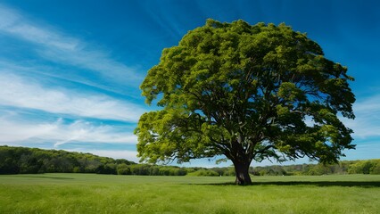 Majestic tree dominates lush green expanse under azure skies