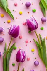 purple tulips,green leaves and colorful candies on light pink background, flat lay top view