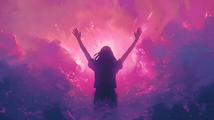 A woman raises her hands to worship and praise god against a purple and pink background, Christian illustration.