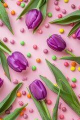 Fototapeta na wymiar purple tulips,green leaves and colorful candies on light pink background, flat lay top view