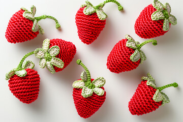 Crocheted strawberries on a white background
 - obrazy, fototapety, plakaty