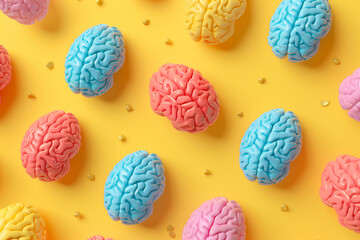 Colorful brains against a pastel yellow background - obrazy, fototapety, plakaty