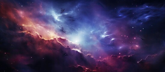 An illustration of a celestial scene featuring a vibrant purple and blue nebula with shining stars scattered in the background