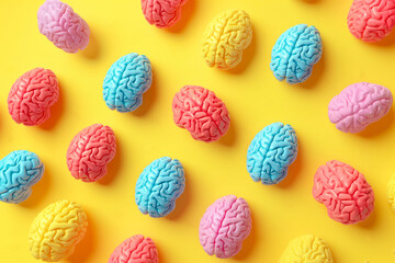 Fototapeta na wymiar Colorful brains against a pastel yellow background