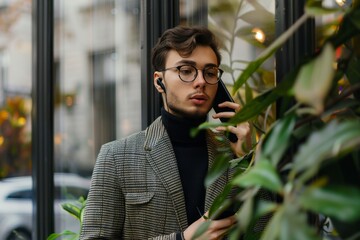 picture illustration of a young handsome businessman , elegant dressed sstanding near a building office door, urban city context talking at telephone