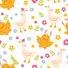 Seamless easter pattern with chicken,  goose, eggs and flowers. Easter seamless pattern, Easter symbol, decorative vector elements. Easter colored simple pattern.