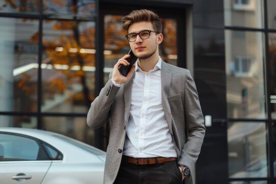  picture illustration of a young handsome businessman , elegant dressed sstanding near a building office door, urban city context talking at telephone