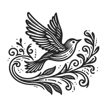 bird in flight tattoo, surrounded by decorative elements, freedom and grace sketch engraving generative ai fictional character vector illustration. Scratch board imitation. Black and white image.