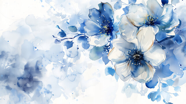 Blue and white flowers watercolor painting background.