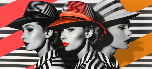 pop art style portrait of three caucasian models with a large hat posing on camera, black and...